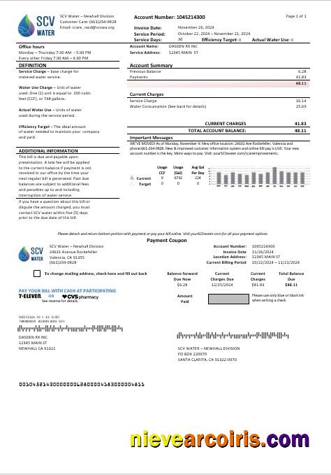 USA California Santa Clarita SCV Water business utility bill